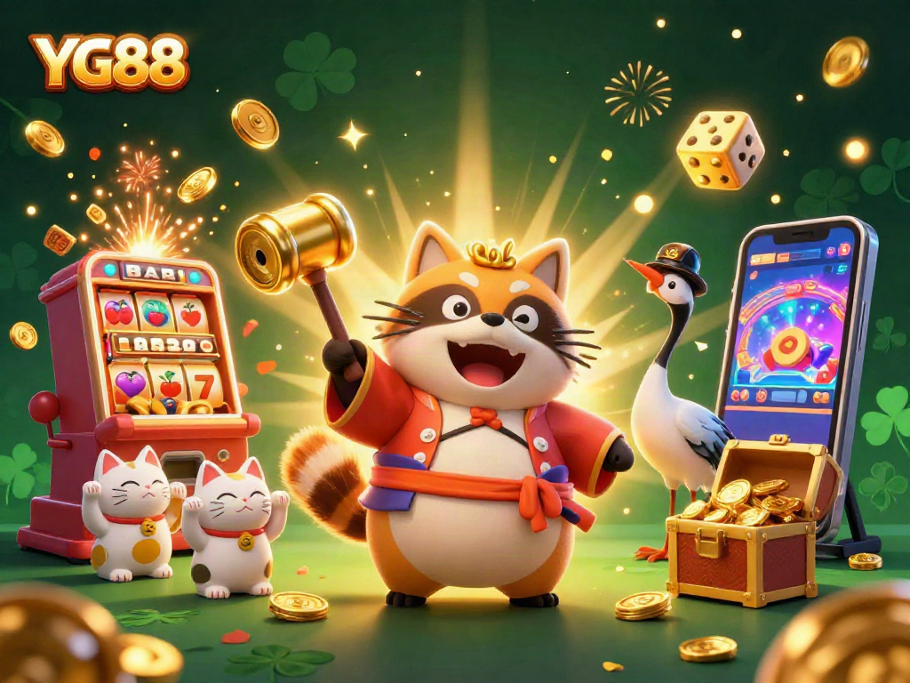 Experience YG88’s vibrant casino atmosphere with cheerful characters in a dynamic jackpot scene.