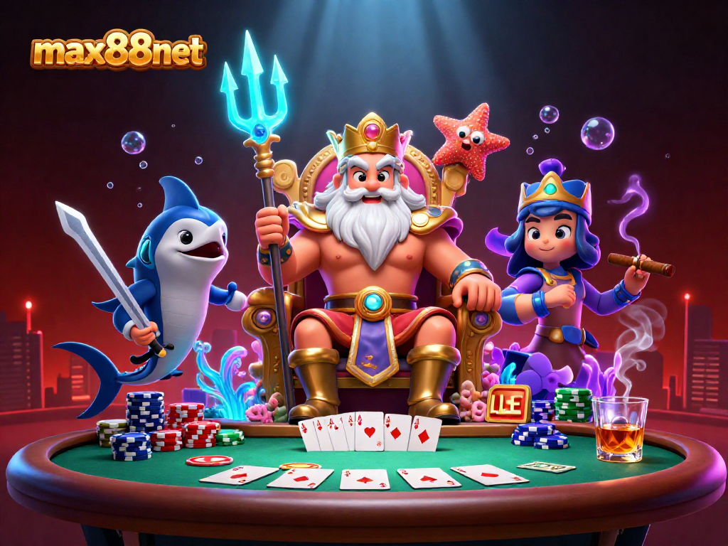 Win big with max88net at a vibrant underwater casino featuring Neptune and poker elements.