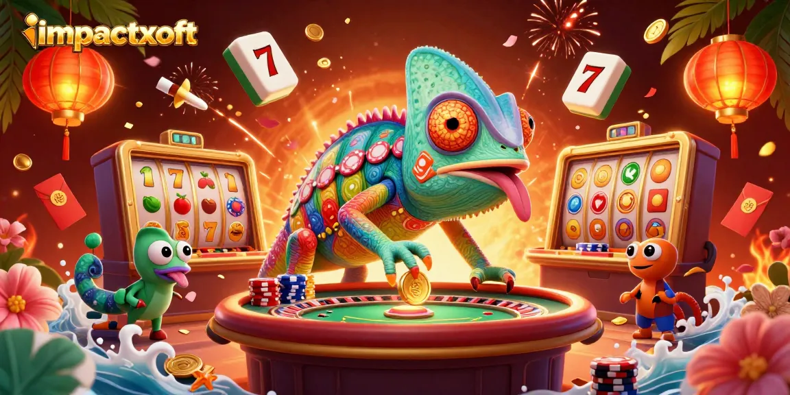 Engage with impactful gaming experiences at impactxoft, a vibrant casino scene featuring colorful chameleon and slot reels.