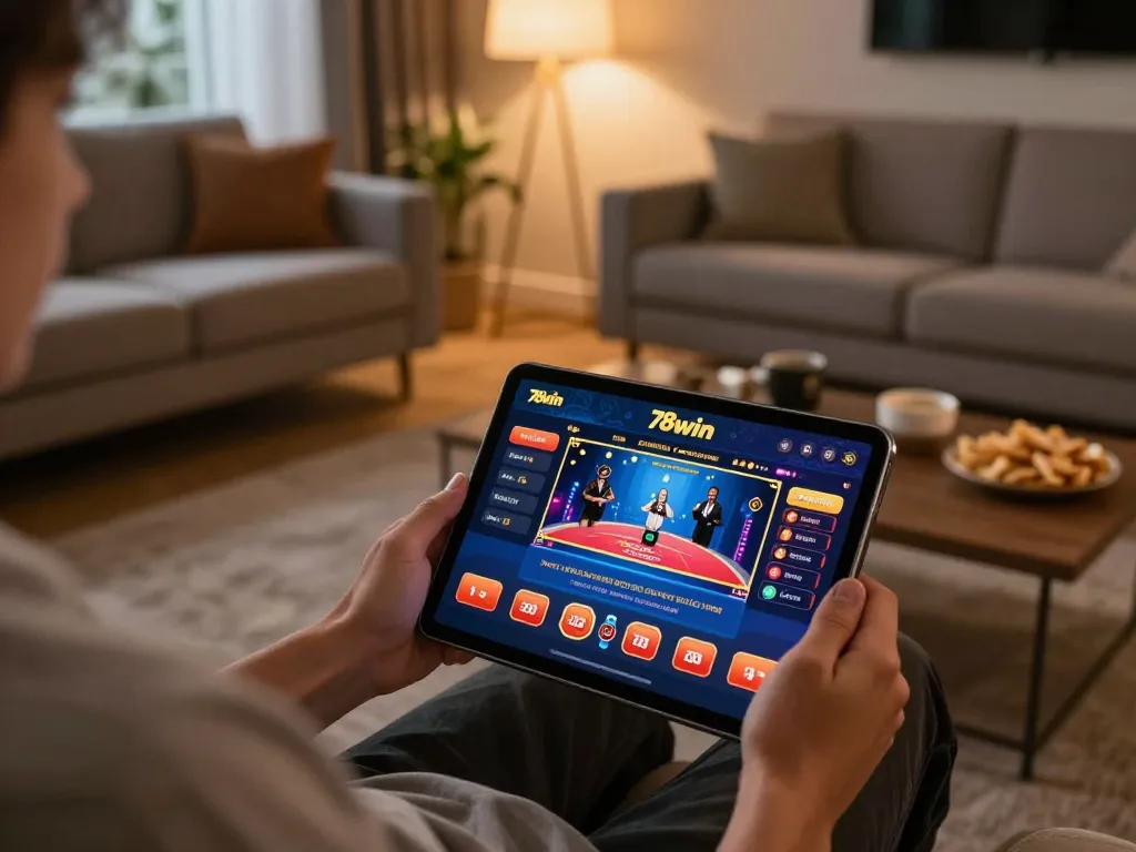 Engaging online gaming scene with a player using the 78win app on a tablet in a cozy living room.