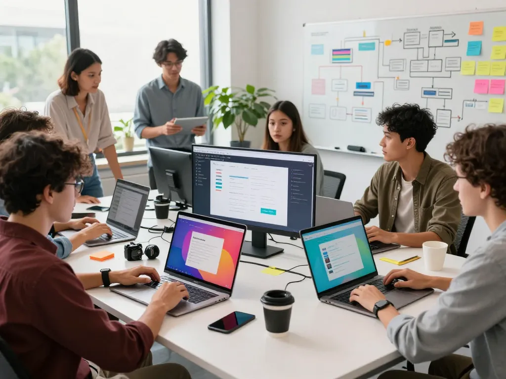 Teamarbeit bei der Entwicklung von Webanwendungen, Eigene Webanwendung erstellen lassen in einem modernen Büro mit Bildschirmen und Notizzetteln.