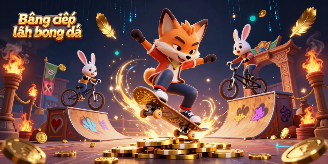 Bảng xếp hạng bóng đá visualization with a skateboard fox and BMX rabbit in a dynamic casino scene