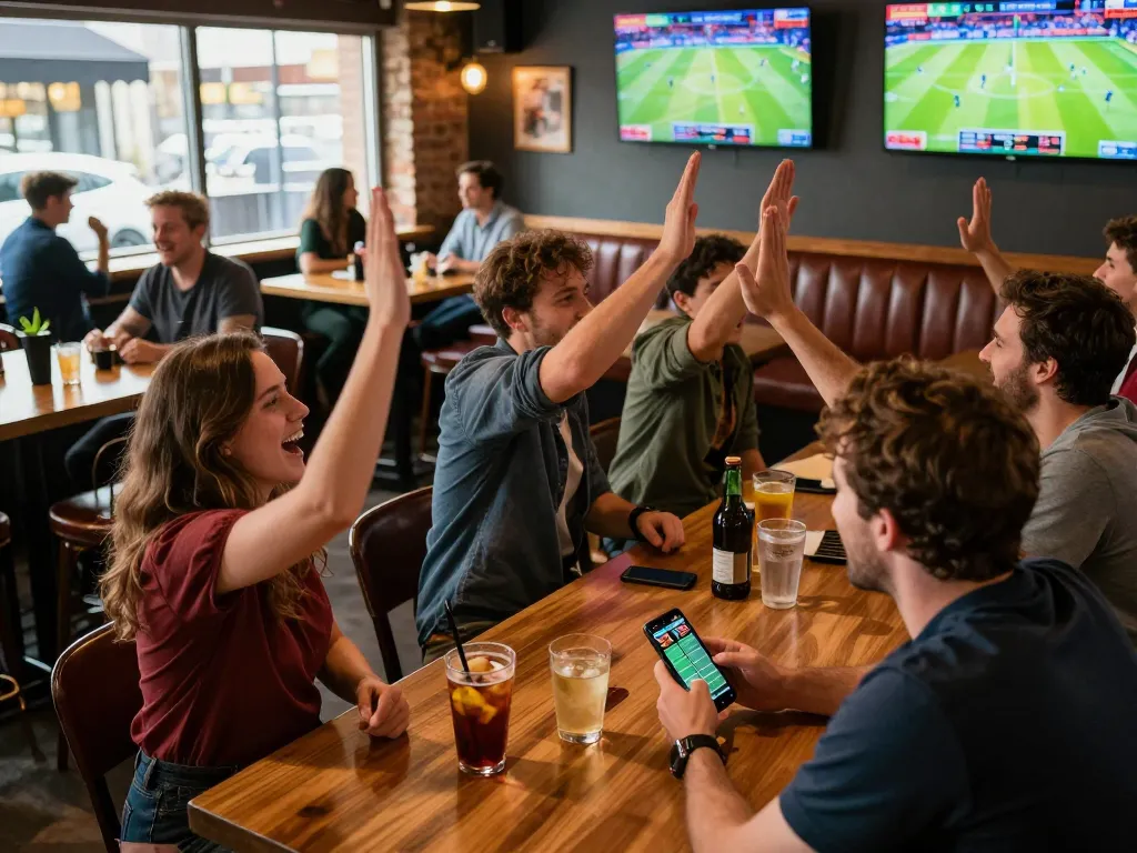 O8 SOCIAL capturing the excitement of sports betting with friends in a lively environment, showcasing dynamic live match interactions.