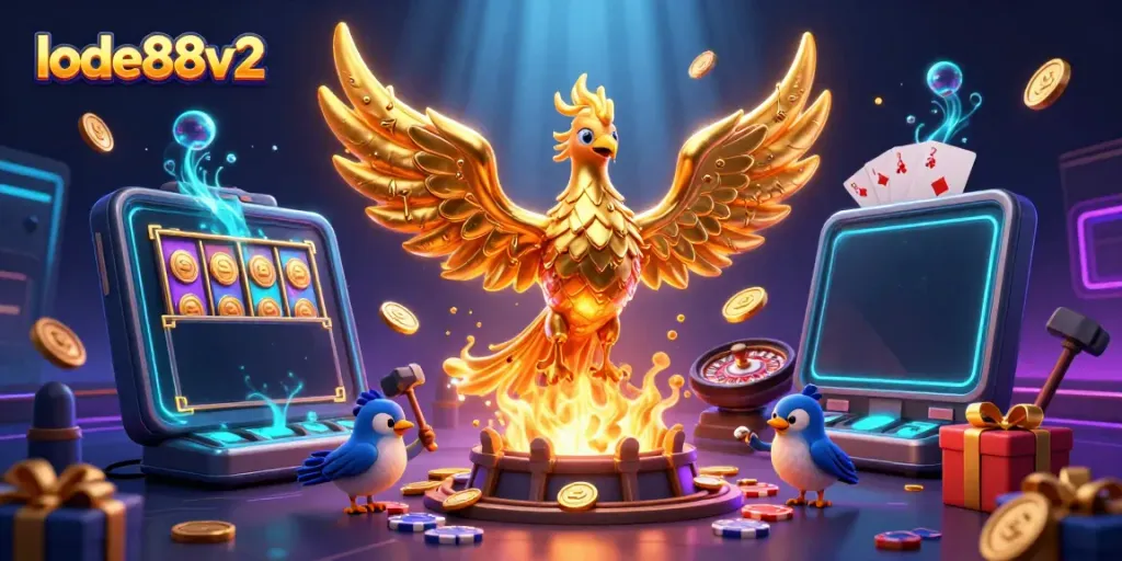 Experience the thrill of lode88v2's casino with a golden phoenix and vibrant slot games.