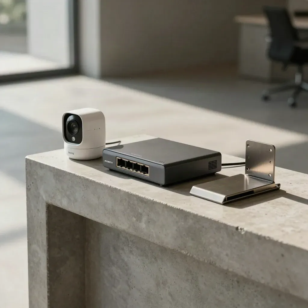 MOBOTIX Sicherheits-Set mit Kamera, Recorder und Montageplatte im Büroeingang.