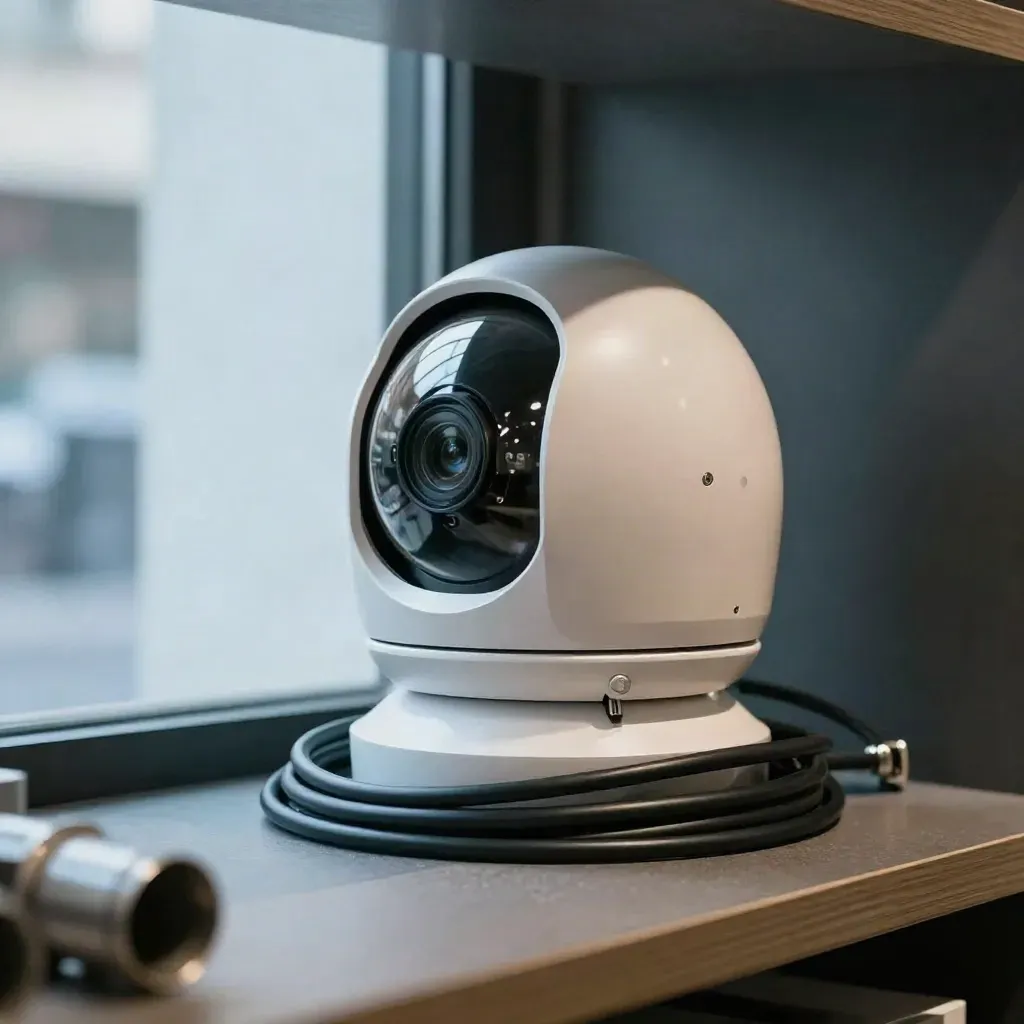 Mobotix C71 Domekamera neben Anschlussbox und Kabelschlaufe in ruhiger Ladenumgebung