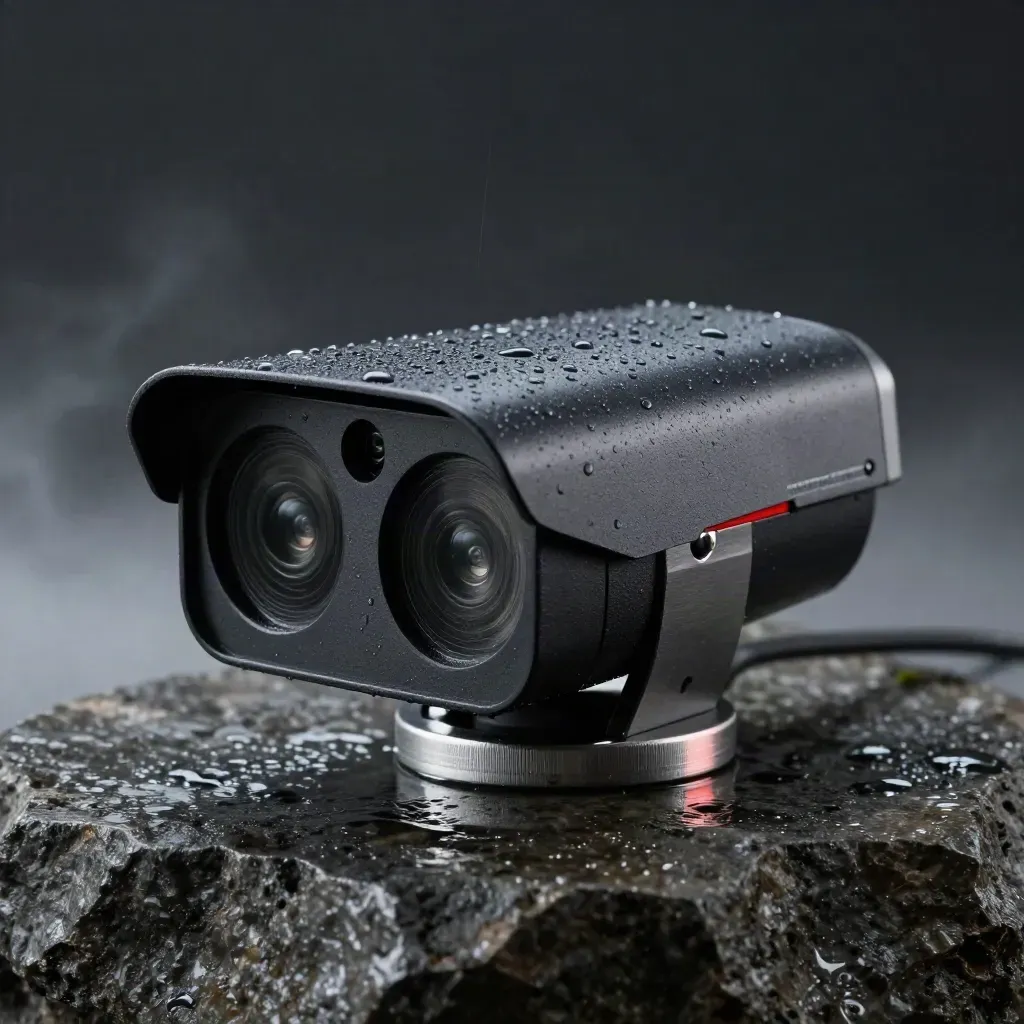 Mobotix M73 Pro-Set auf nassem Basalt mit Wassertröpfchen und rotem Akzent