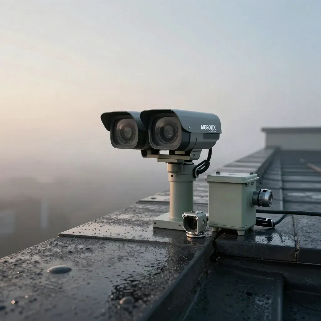 MOBOTIX M73 Dual-Kit auf nasser Dachkante im Morgennebel