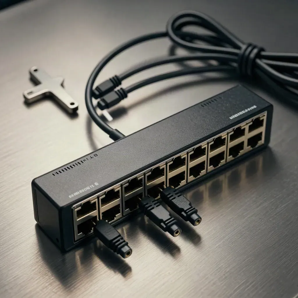 PoE+-Switch mit Patchkabeln und Netzteil auf mattem Stahl, von oben arrangiert.