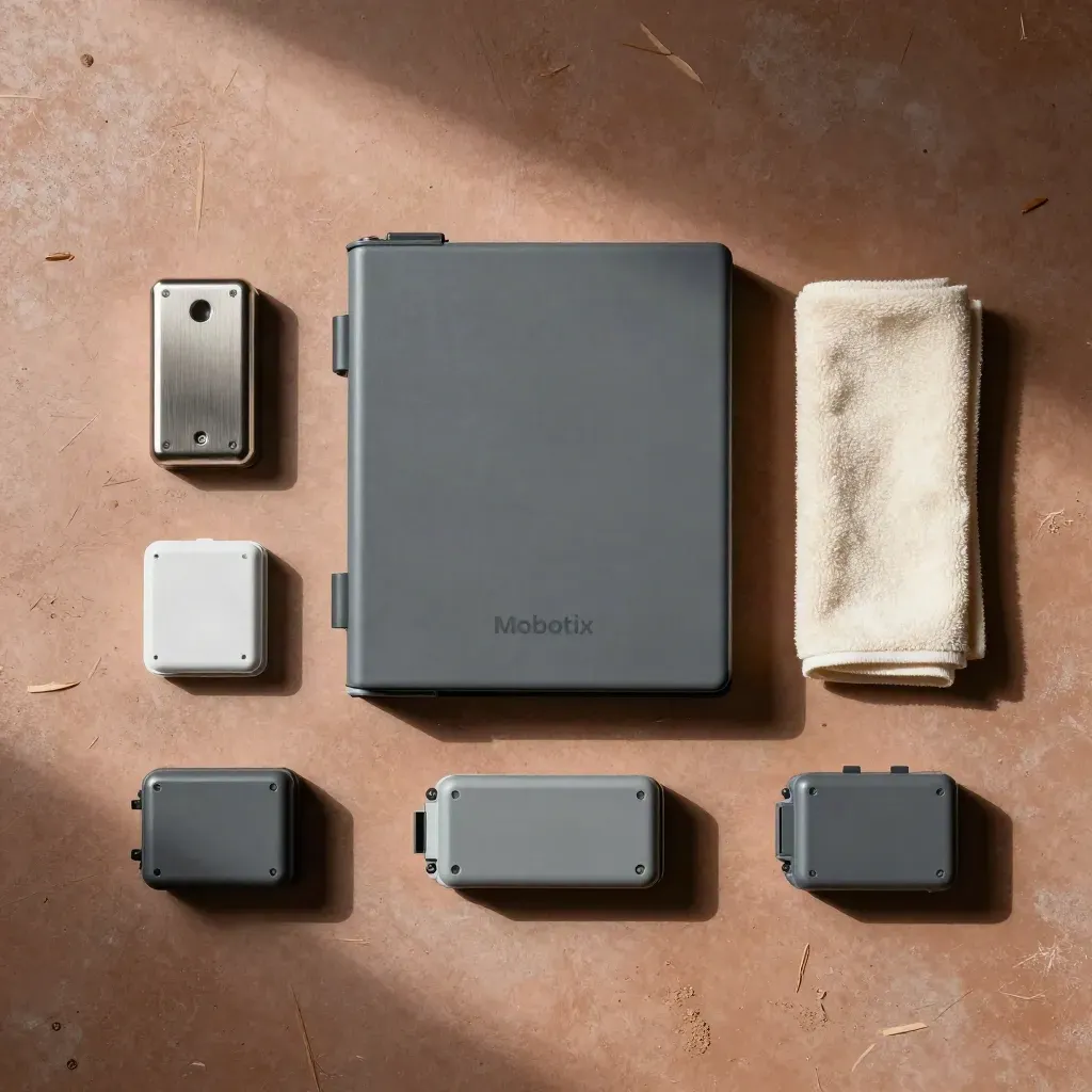 Service-Binder mit Dichtungskit, Mikrofasertuch und Modulen auf Terrakotta-Beton, von oben fotografiert.