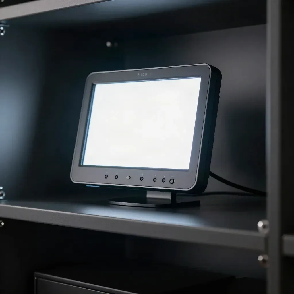 7-Zoll Live-Monitor im dunklen Studio mit sanft leuchtendem Display und Dockring