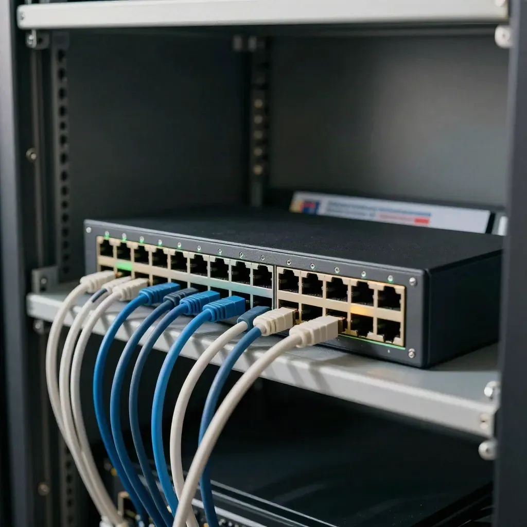 PoE-Switch im Serverschrank mit leuchtenden Ports und gefächerten Netzwerkkabeln.