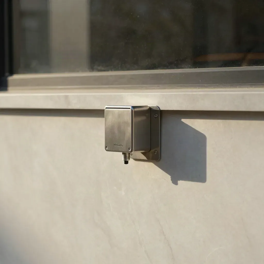 Pale Marmorsims mit Halterung, Anschlussbox und Fensterreflexion im Morgenlicht.