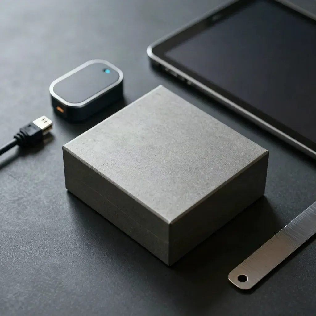 Dunkles Studiofoto mit Servicebox, Gateway-Puck und geschlossenem Tablet auf mattem Untergrund.