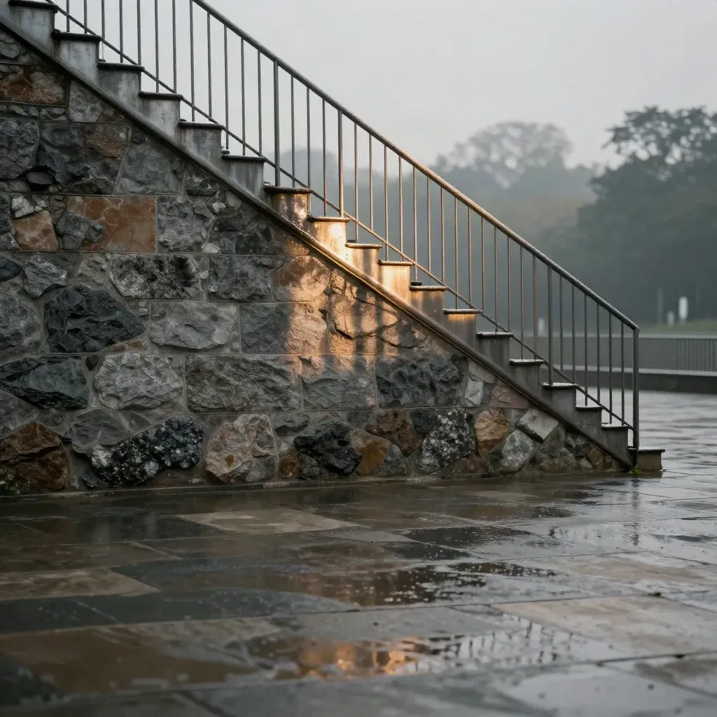 Nach Regen: Steinmauer, Stahltreppe und sonniges Geländer im goldenen Abendlicht.