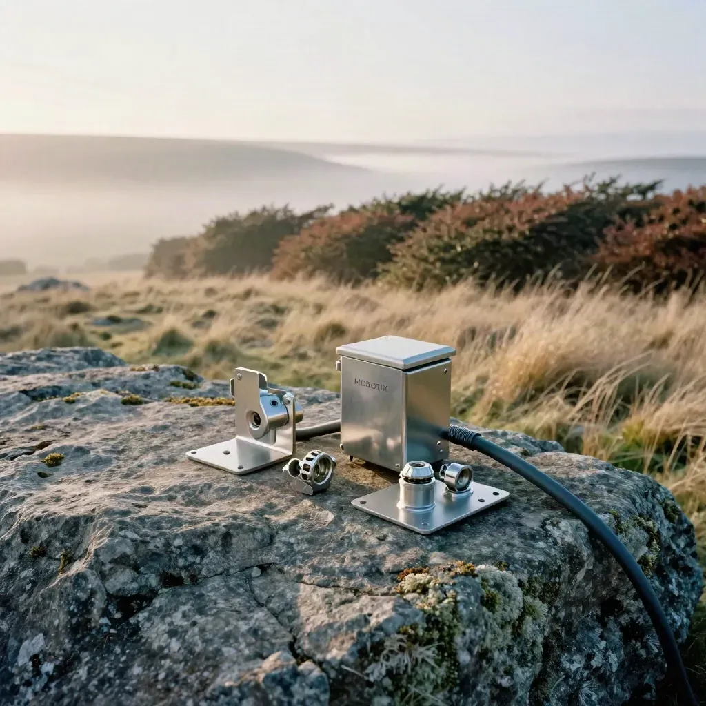 Montagezubehör auf Granitgrat im Morgennebel mit Windhecke und warmem Licht