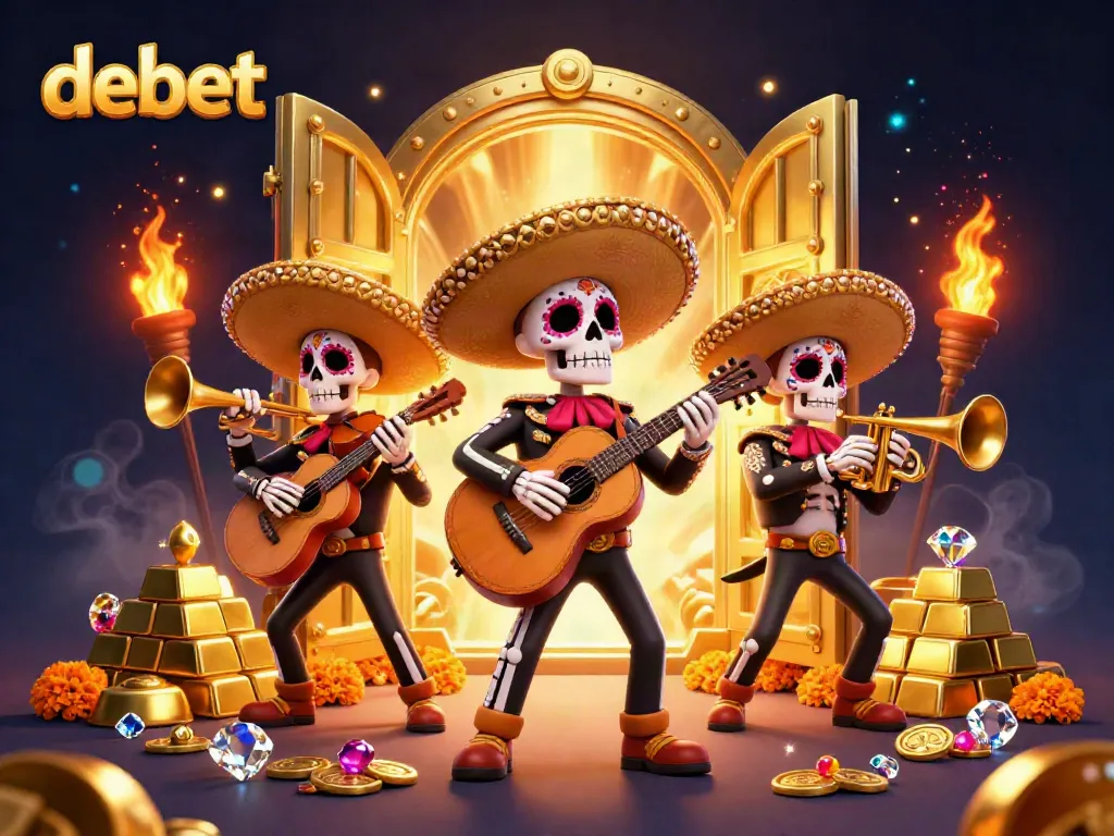Engage in the debet experience with colorful skeleton mariachi band surrounded by treasure and gold elements.