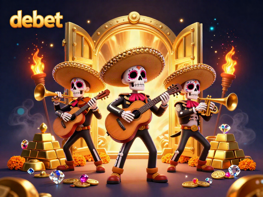 Engage in the debet experience with colorful skeleton mariachi band surrounded by treasure and gold elements.