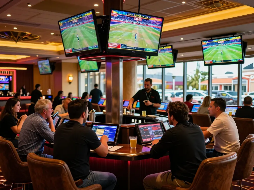 Experience live sports betting at https://vmax88vip.com/ with an engaging atmosphere and multiple screens showcasing top events.