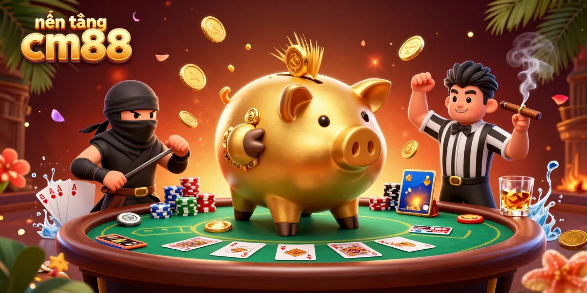 Engage with nền tảng cm88 at an exciting casino showdown with dynamic characters and vibrant gaming elements.