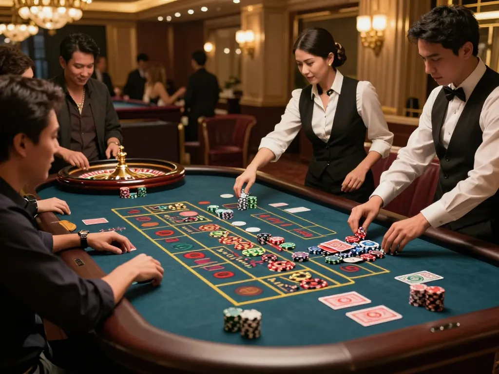 Players engaging with GO88 roulette table, experiencing the thrill of strategic gameplay in an upscale casino.