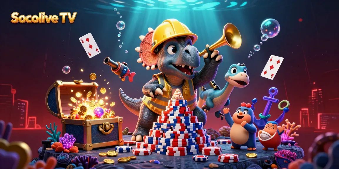 Socolive TV celebrates wins with animated characters enjoying poker chips and vibrant gaming elements.