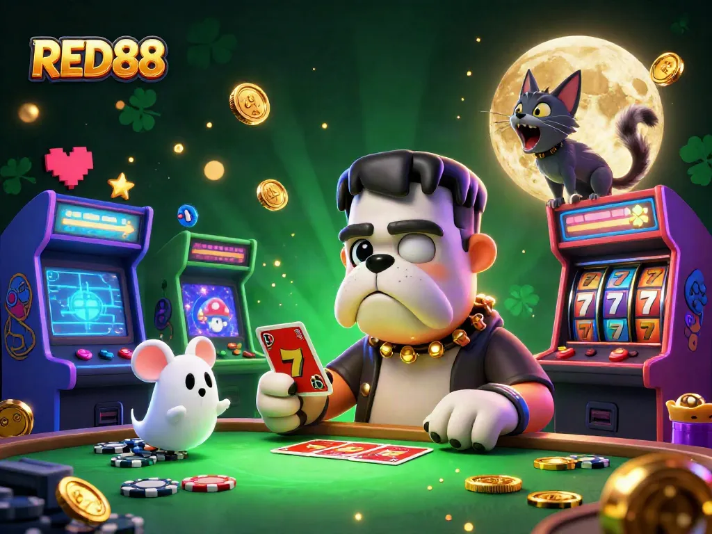 Engage with the thrilling spirit of RED88's casino world, showcased by a lively scene of 3D characters interacting amidst colorful gaming elements.