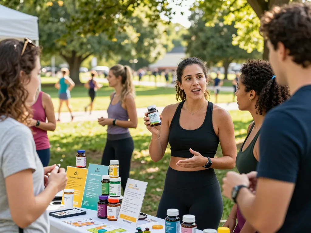 Engaged group discussing Natura Vitalis products during a wellness event in a vibrant park setting.