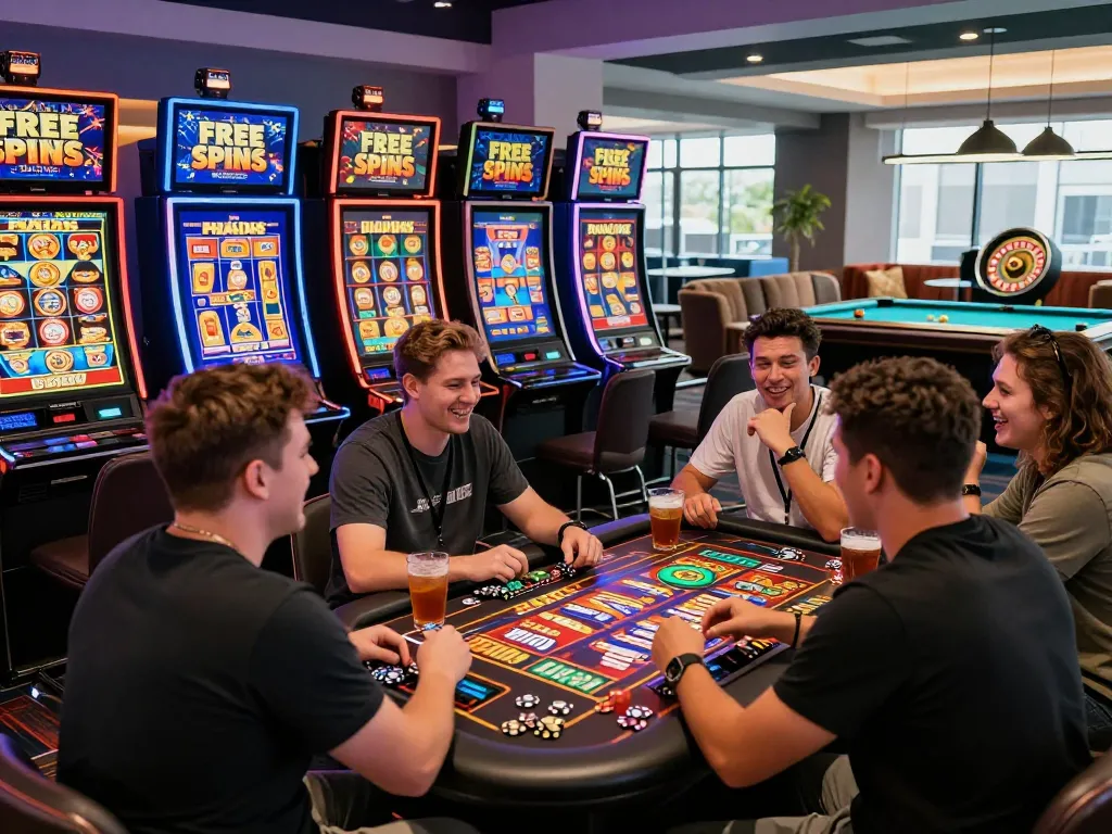 Friends enjoying free spins australia at an online casino, vibrant gaming scene.