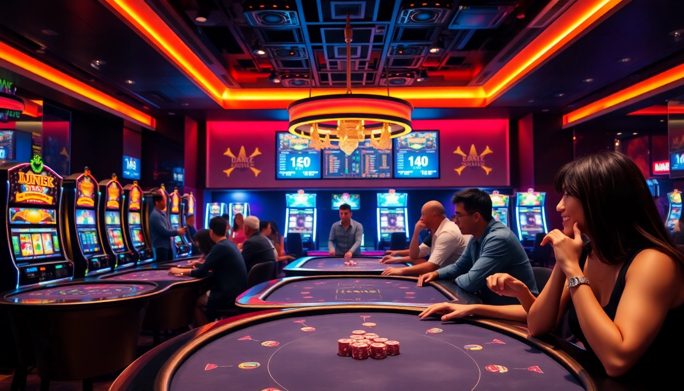 LolaJack Casino with stylish gaming tables and engaged players showcasing excitement