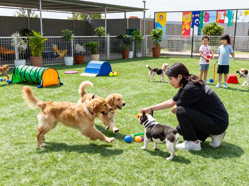 Playful puppies at slot88 dog daycare with engaged caregiver