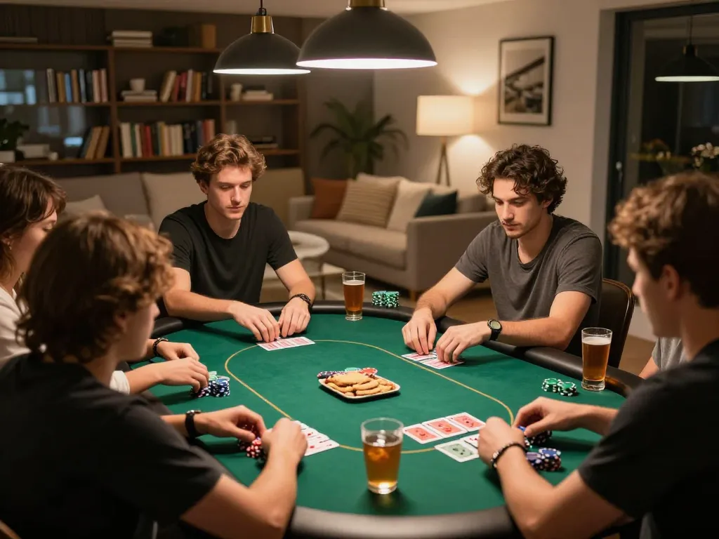 Win88 game in an engaging home poker night with friends, showcasing chips, cards, and drinks