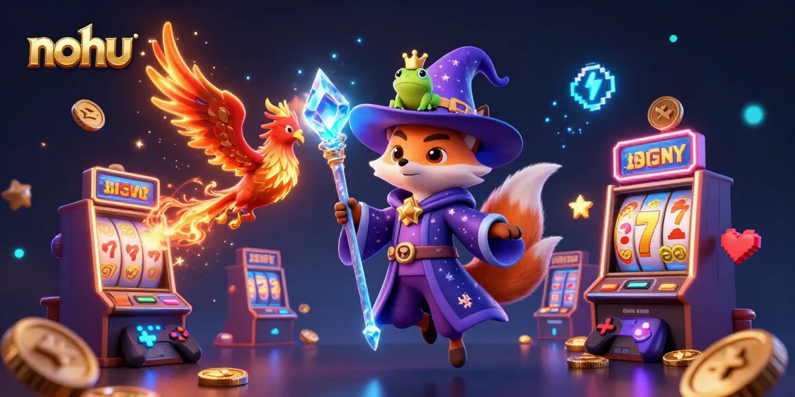 Nohu slot game scene featuring a wizard fox and phoenix, vibrant casino elements scattered around.