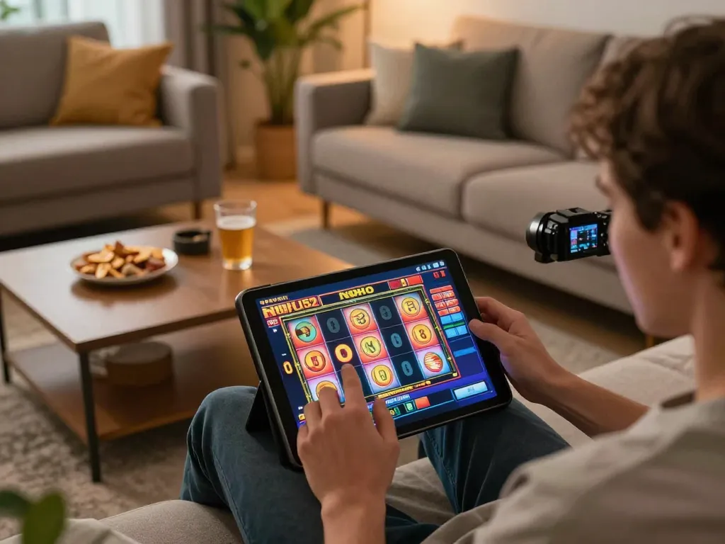 Person enjoying online gaming experience on a tablet with NOHU52 slot machine interface.
