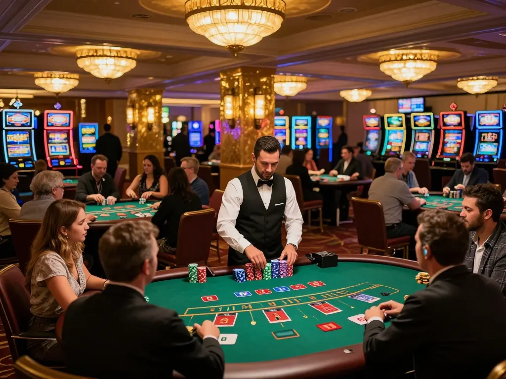 Players excitedly engaging at the g28 blackjack table in a vibrant casino atmosphere