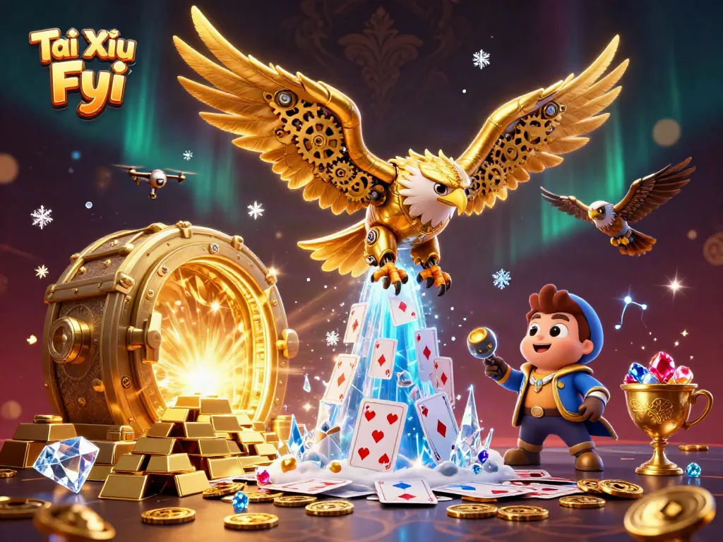 Tài Xỉu Fyi showcases dynamic casino action with a cybernetic eagle amidst a treasure explosion