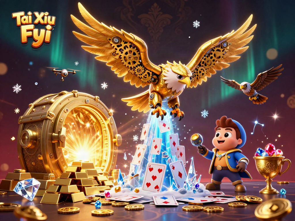Tài Xỉu Fyi showcases dynamic casino action with a cybernetic eagle amidst a treasure explosion
