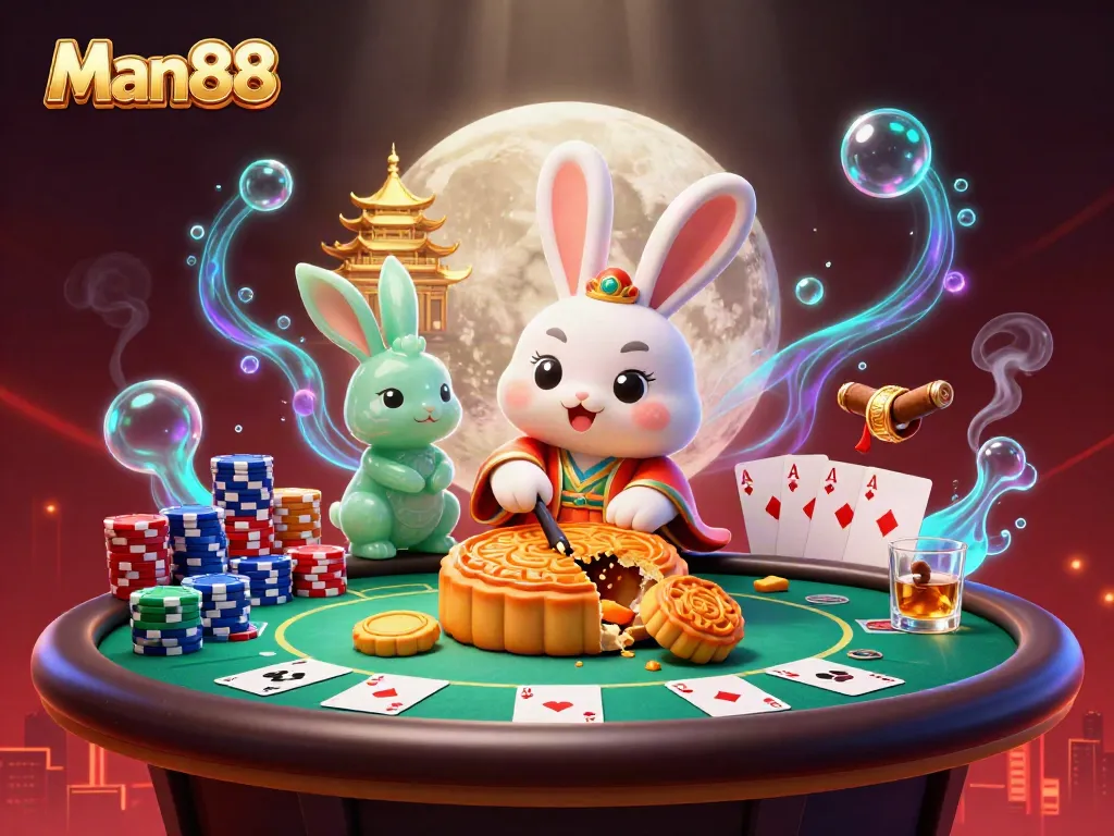 Engage with Man88's exciting moonlit casino adventure featuring a cartoon moon rabbit amid poker chips.