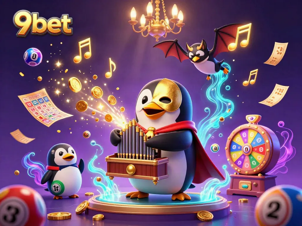 Engage in thrilling casino adventures with 9bet as the penguin plays golden tunes amidst colorful games.