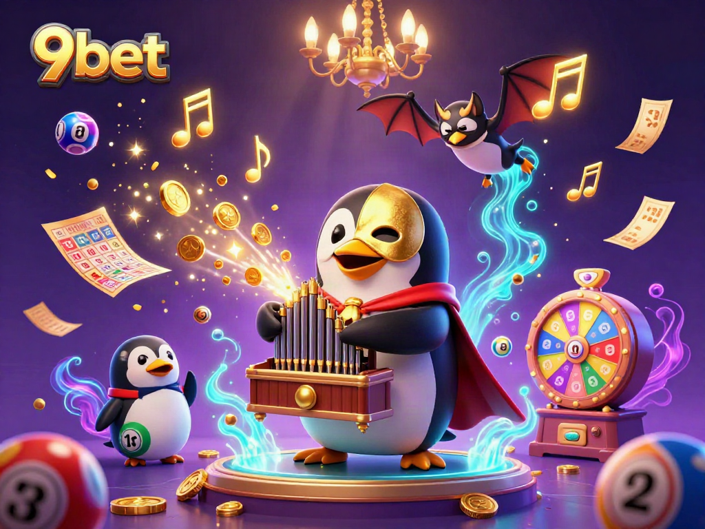 Engage in thrilling casino adventures with 9bet as the penguin plays golden tunes amidst colorful games.