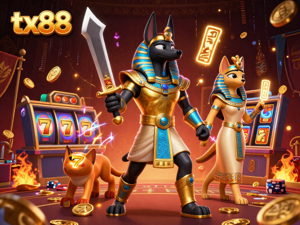 Experience vibrant action at tx88 with Anubis and Bastet in a dynamic casino scene.