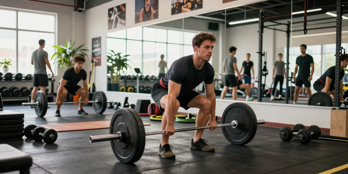 Starker Athlet, der Gewichte im Steroidshop-Fitnessstudio hebt und Stärke demonstriert.