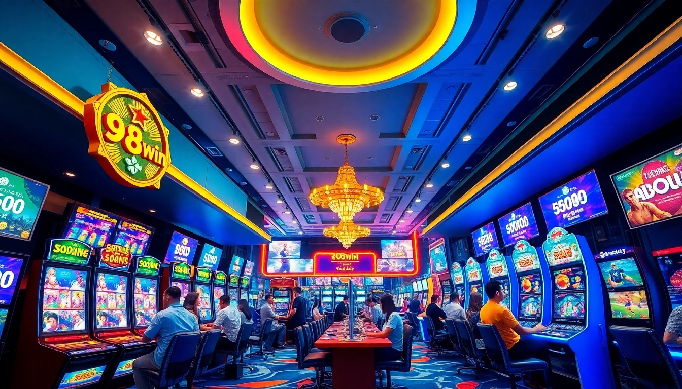 Exciting scene capturing players at 98win's online casino with vibrant games and sports betting.