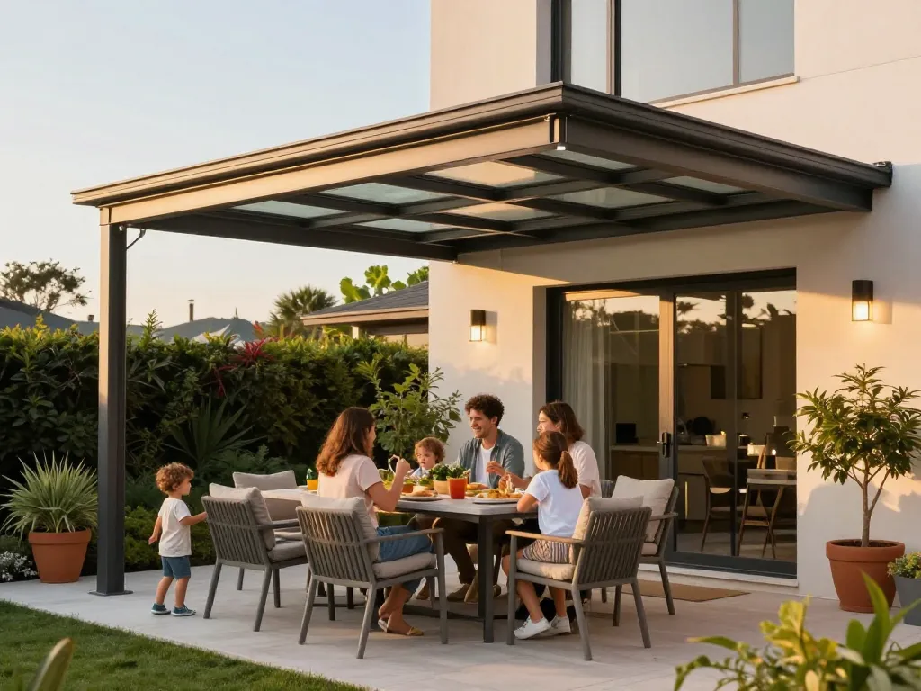 Stilvolle Terrassenüberdachung in modernem Freiluft-Szenario mit Familie, die gemeinsam eine Mahlzeit genießt.