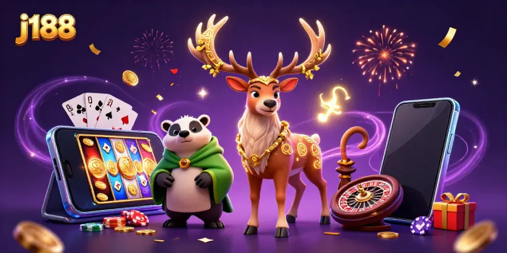 Explore j188's vibrant gaming experience with a Celtic stag and a wise badger in a magical casino scene.