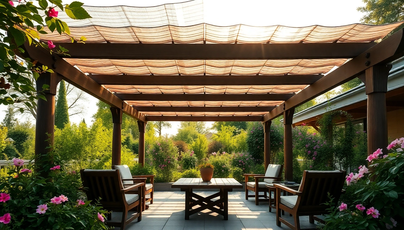Entdecken Sie die atemberaubende Terrassenueberdachung Ungarn in einem blühenden Garten.