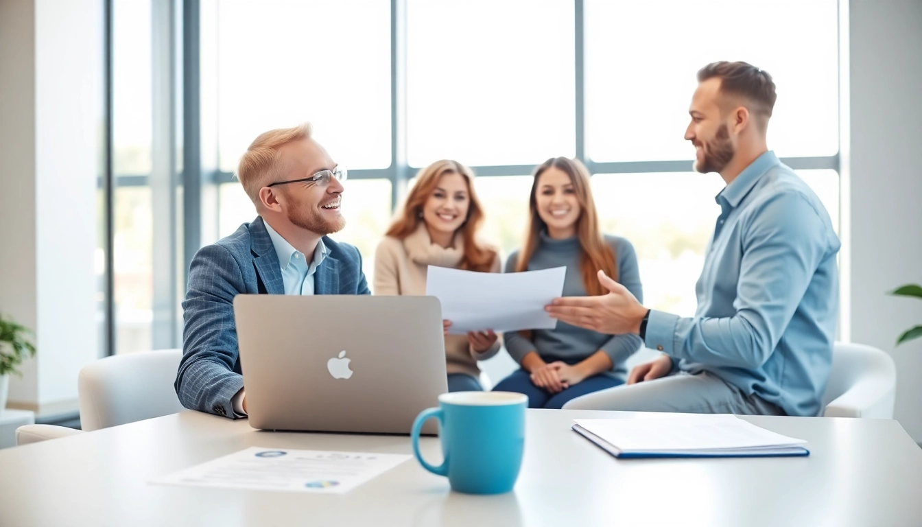 Versicherungsvergleich: Finanzberater erklärt Versicherungsmöglichkeiten in modernem Büro.