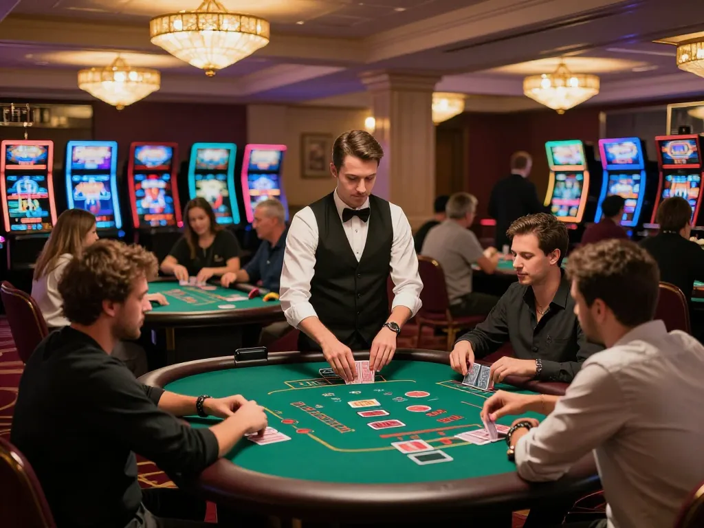 Dynamic blackjack scene at https://rr88.center/ with engaged players and a professional dealer under warm casino lights.