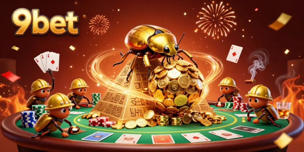 Engage with thrilling 9bet gaming excitement featuring golden beetles and poker elements.