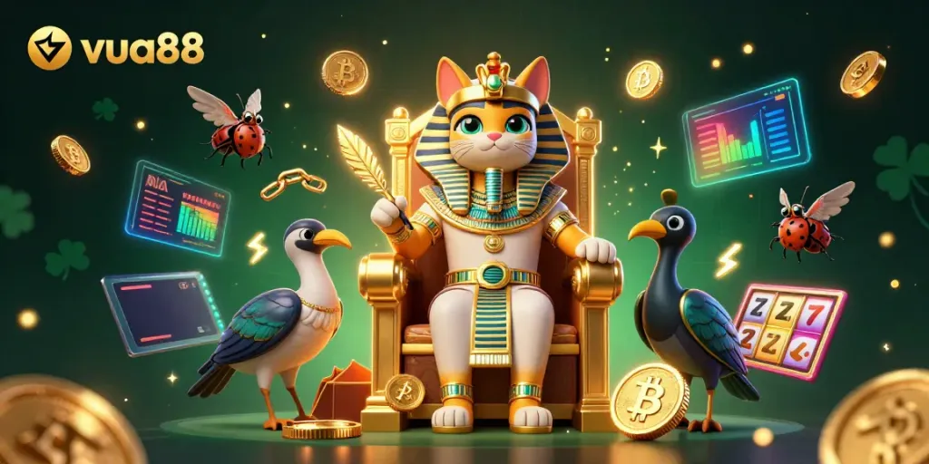Engage with thrilling slots and jackpots at vua88, featuring a vibrant 3D pharaoh cat surrounded by dynamic gaming elements.